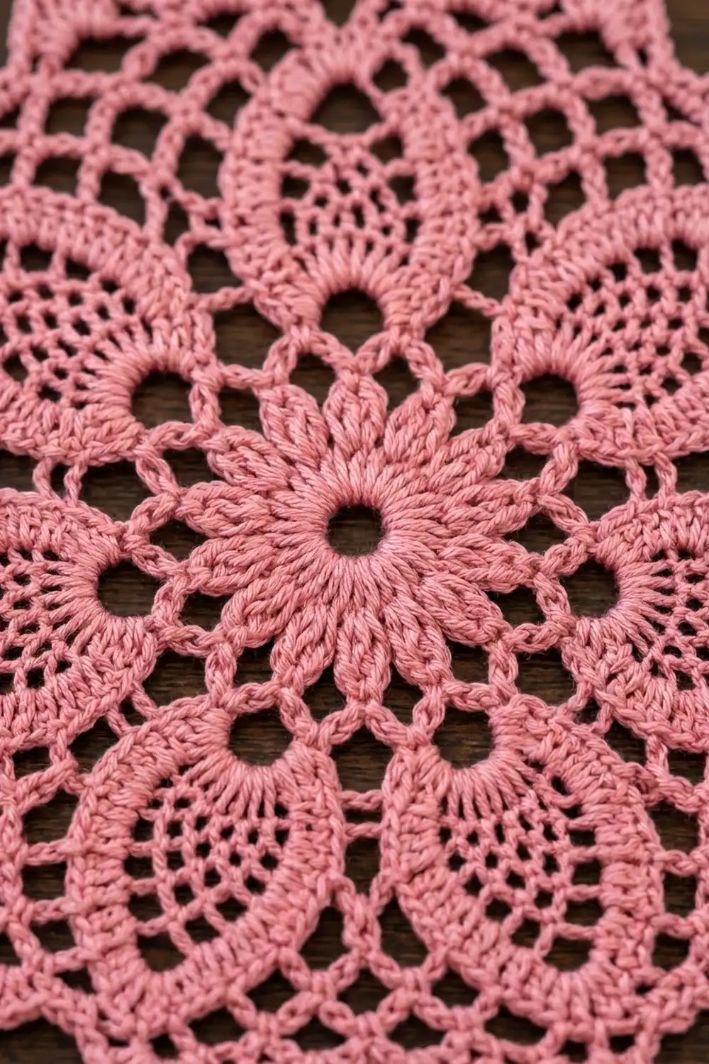 Dusty pink crocheted lace with intricate geometric openwork pattern and dimensional floral stitch details.