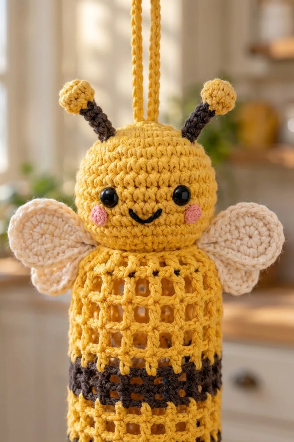 Crocheted bee ornament in golden yellow with black striped antennae tipped with pom-poms, pink cheeks, cream wings, and sweet smile.