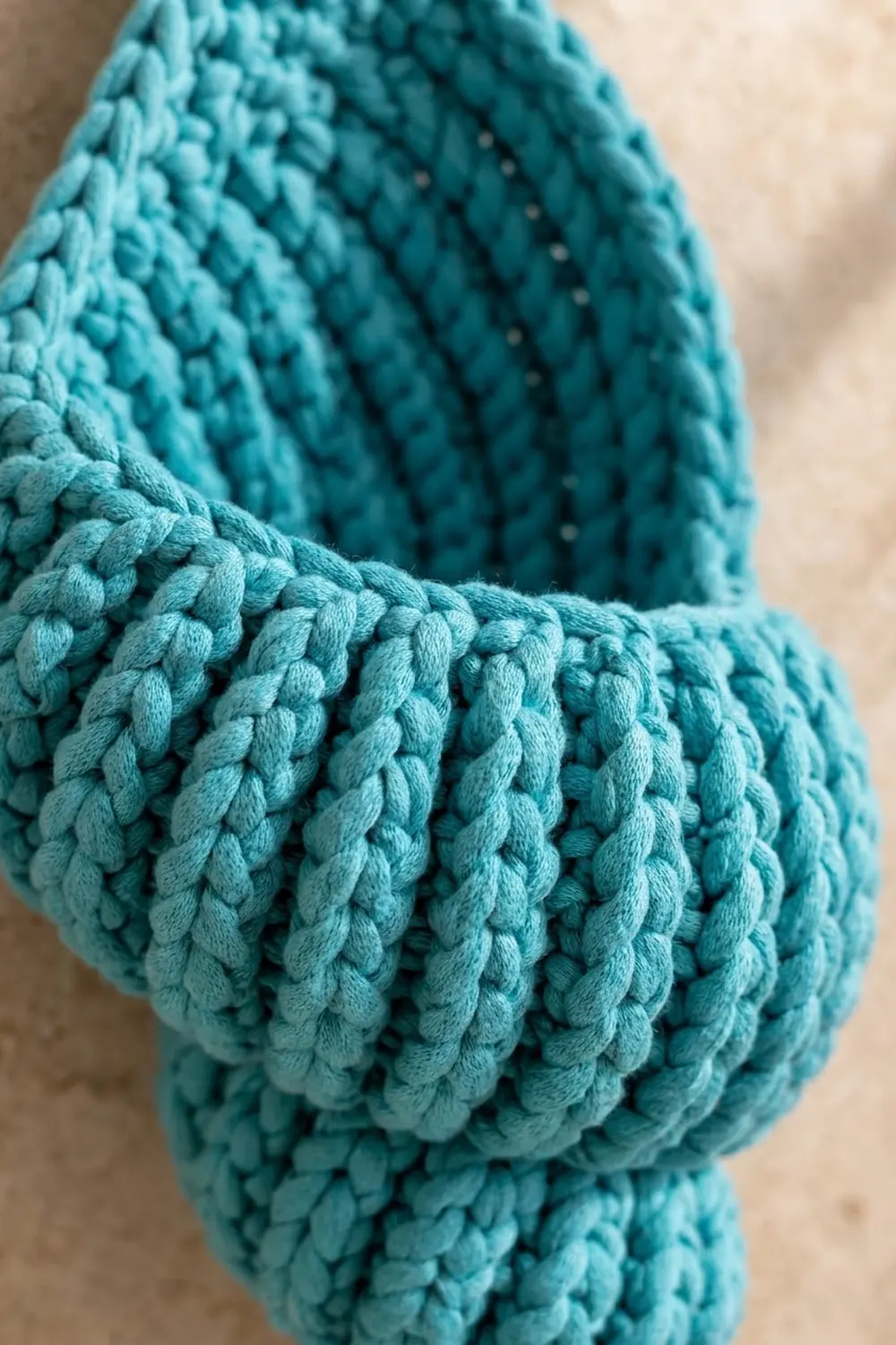 Turquoise crocheted fabric with twisted cable stitches in close-up detail against a blurred neutral background.