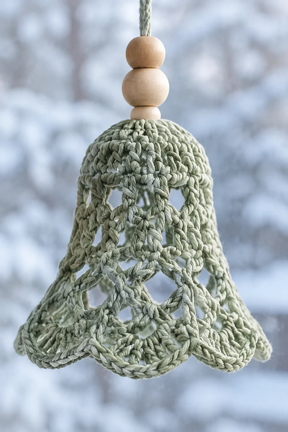 A sage green crocheted bell ornament with wooden beads hanging against a snowy, blurred winter background.