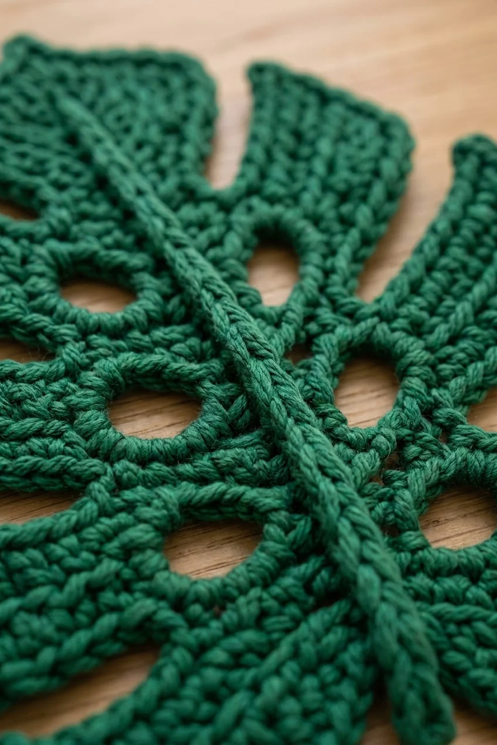 Close-up of dark green crocheted lace with textured stitching detail on a light wooden surface.