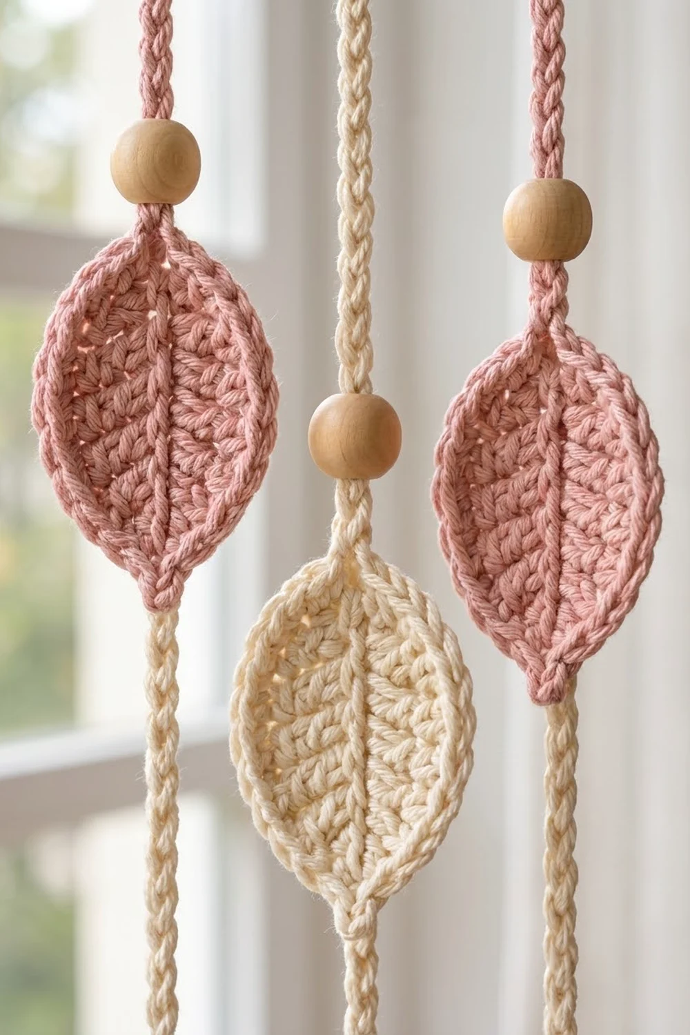 Crocheted leaf ornaments in pink and cream hang from braided cords with wooden beads against a bright window.