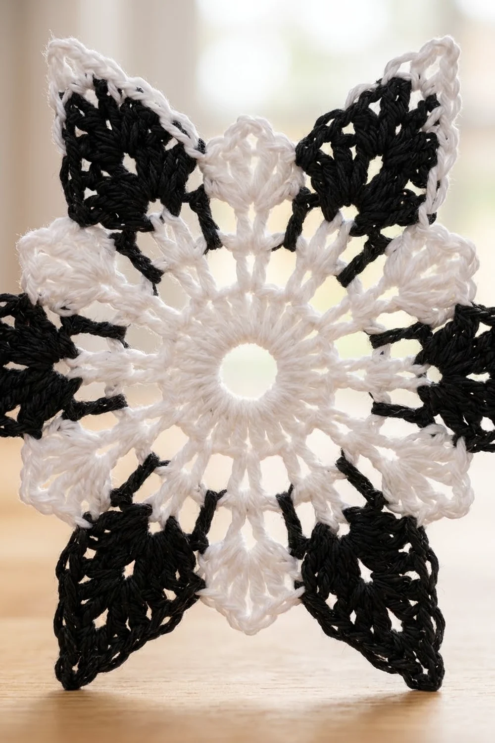 A black and white crocheted snowflake ornament with intricate openwork pattern rests on a wooden surface.
