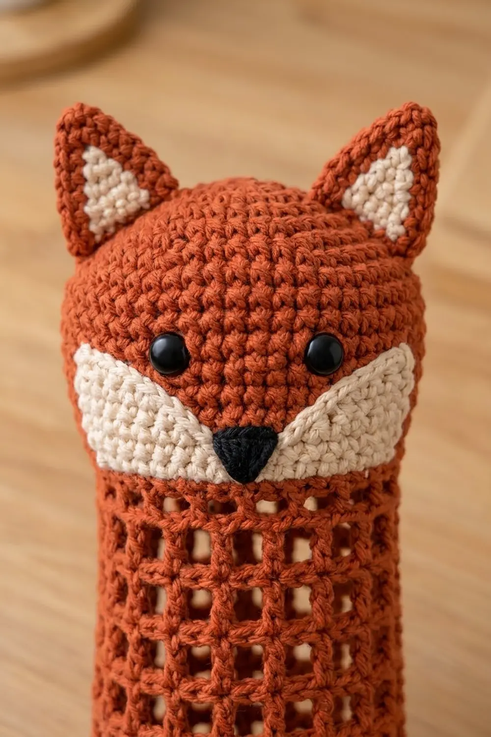 A rust-colored crocheted fox amigurumi with white ear and muzzle details and black button eyes.