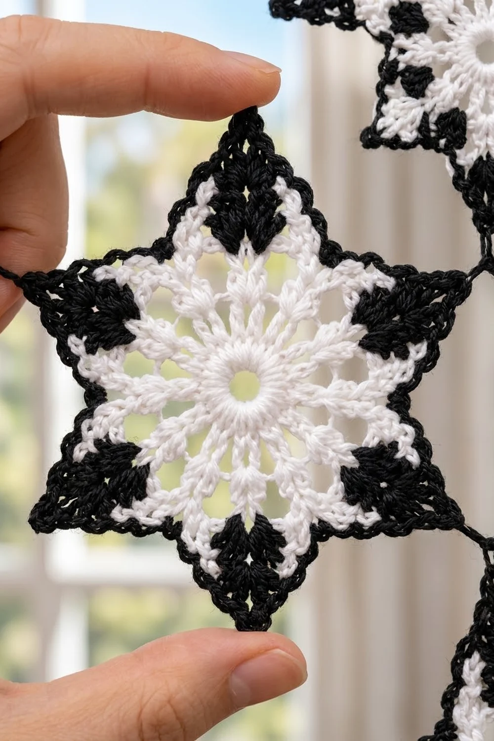 A delicate crocheted snowflake in black and white, held by fingertips and backlit against a soft outdoor background.