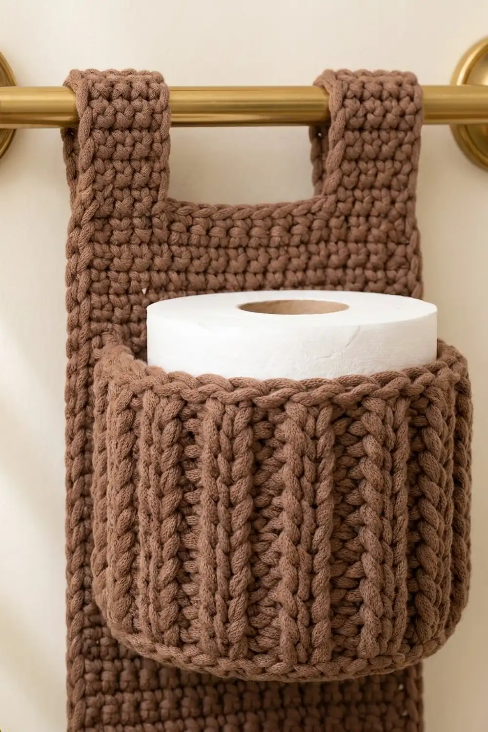 Tan chunky crocheted toilet paper holder with texture hangs from gold rod, displaying a white paper roll inside.