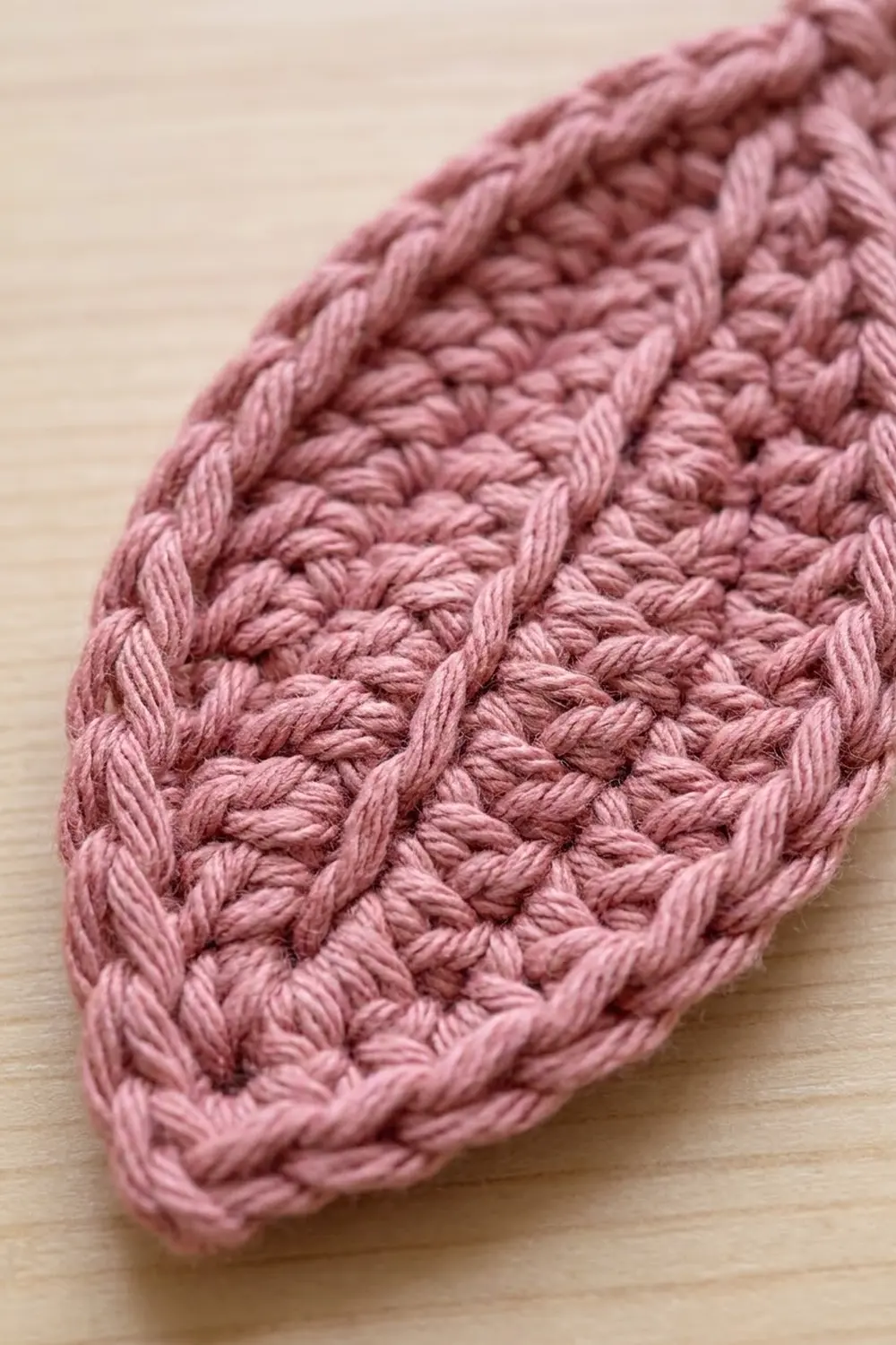 Close-up of dusty pink crocheted fabric showing interlocking stitches with dimensional texture on cream.