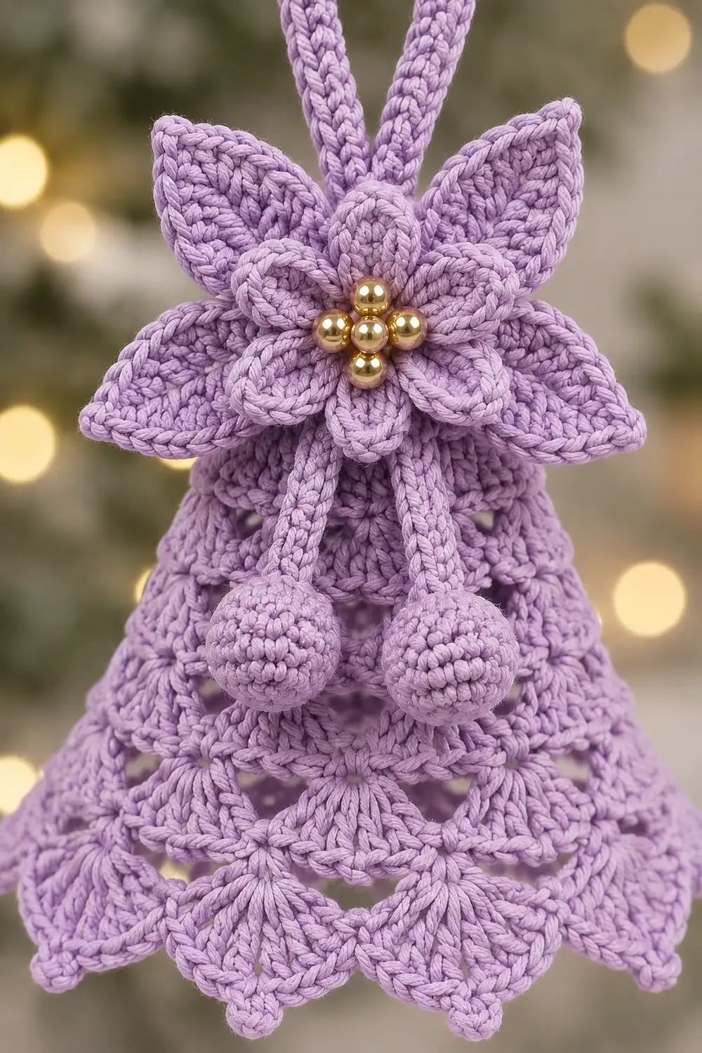Lavender crocheted bell ornament with golden beads and flower detail hanging against blurred holiday bokeh background.