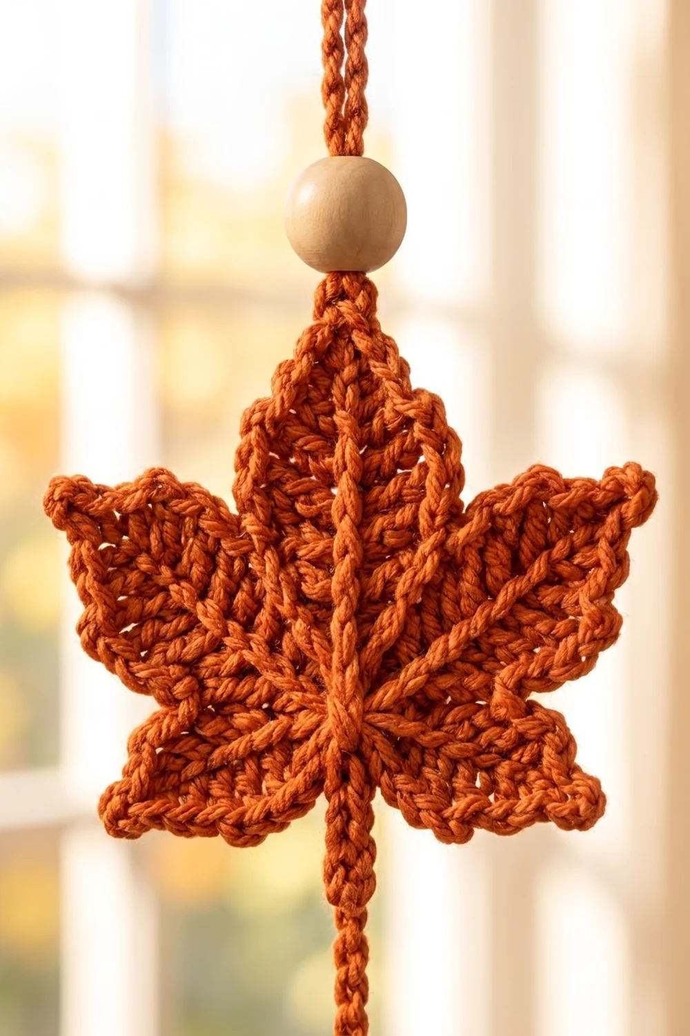 A crocheted rust-orange star ornament with a wooden bead, hanging from a braided rope against a soft, warm background.