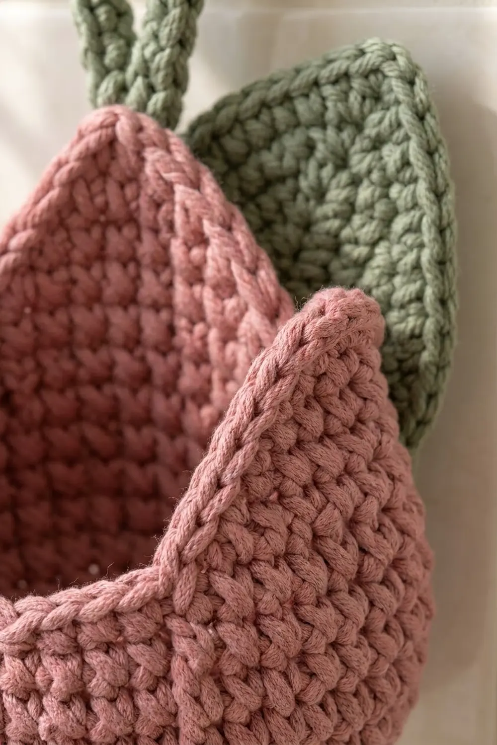 Close-up of crocheted pieces in pink and sage green showing detailed cable stitch texture against a soft background.