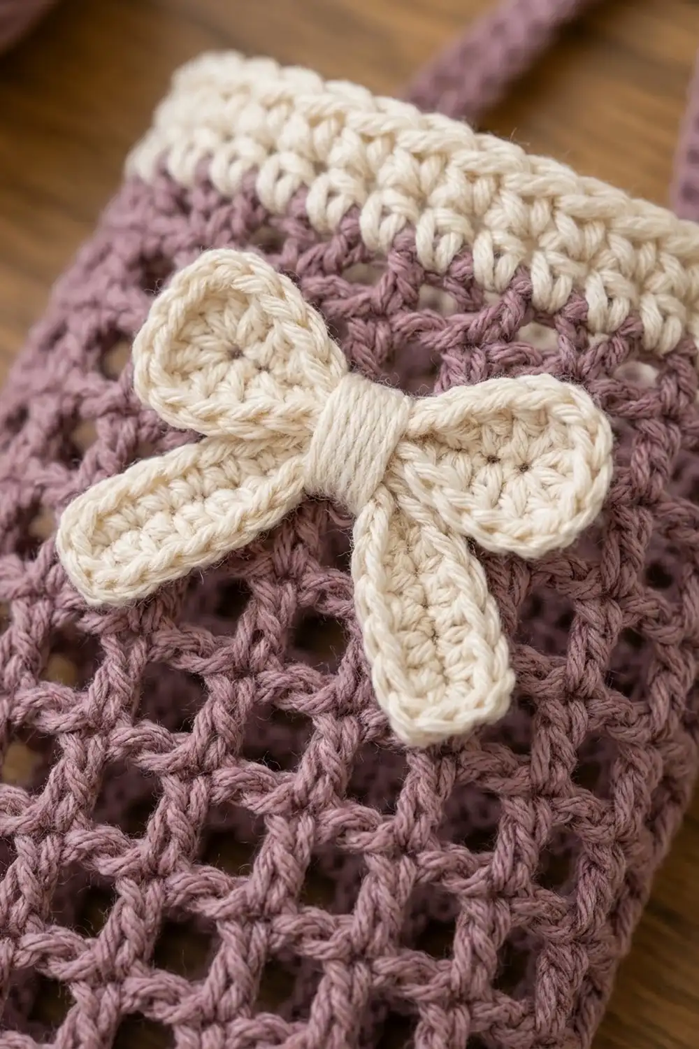 Cream crocheted bow appliqué adorning dusty mauve crochet fabric on warm wood.