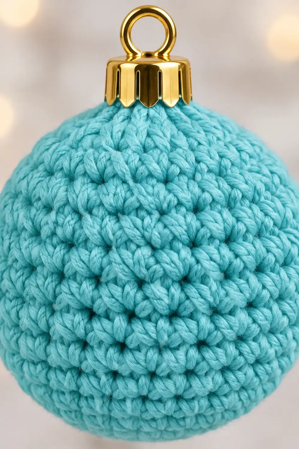 Turquoise crocheted Christmas ornament with gold metallic cap and loop against a softly blurred background.