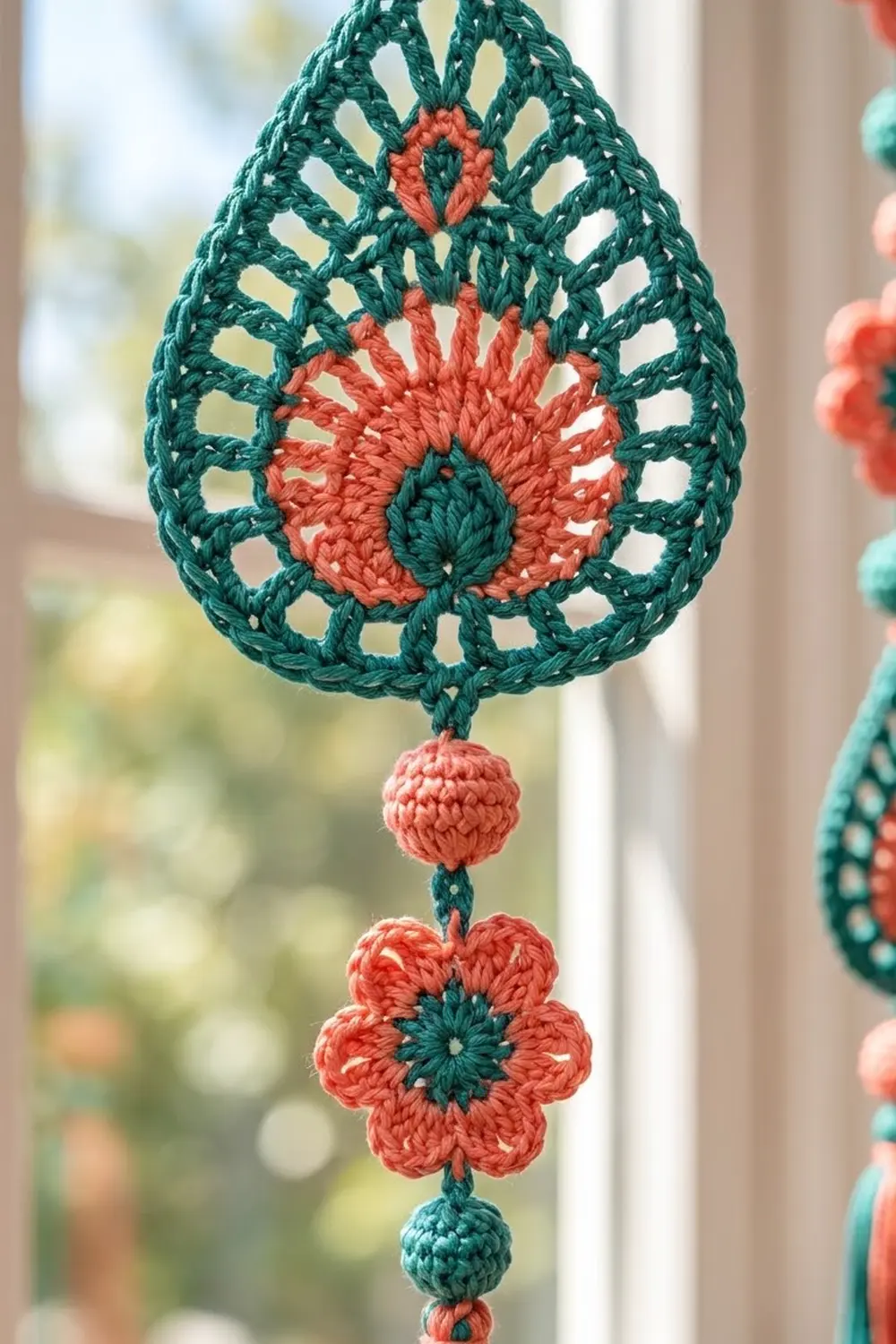 Crocheted teardrop ornament in teal and coral with pink flowers hanging in a sunny window.