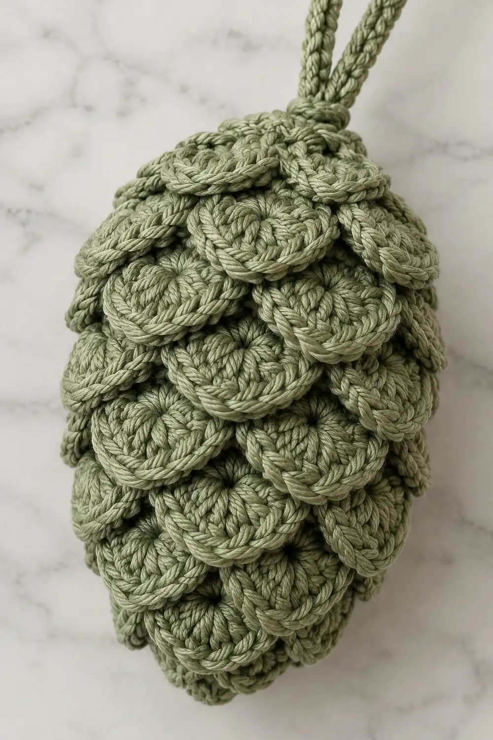 A sage green crocheted decorative tassel with layered petal-like loops hangs against a marble background.