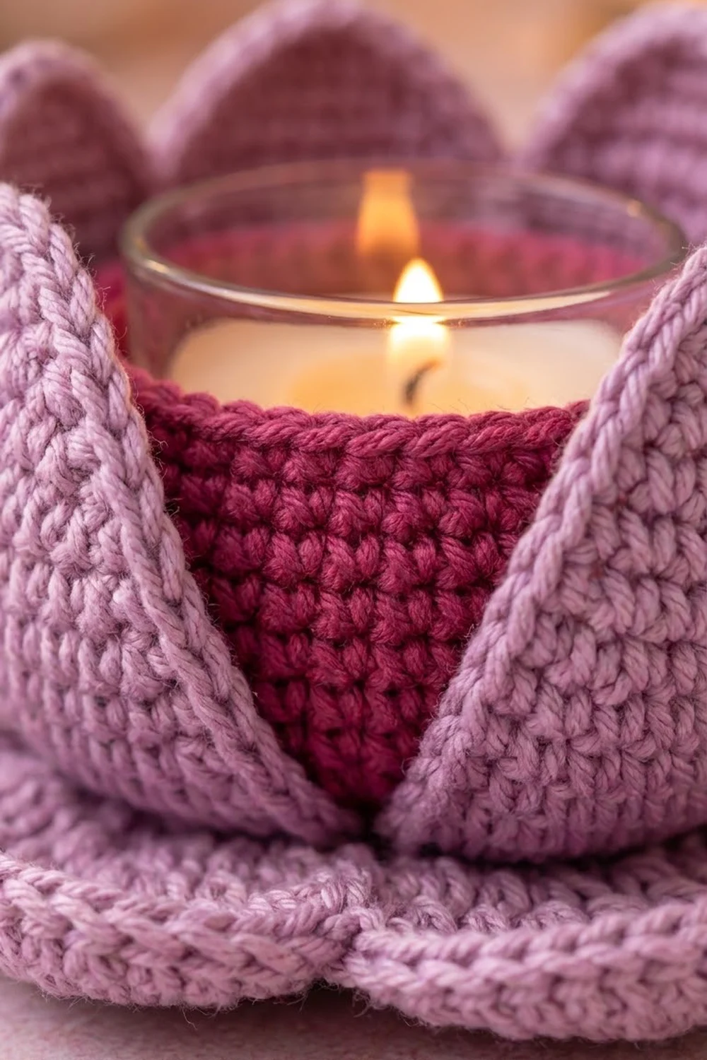 A burning candle in a glass jar sits nestled in layered purple and burgundy crocheted fabric showing intricate stitch detail.