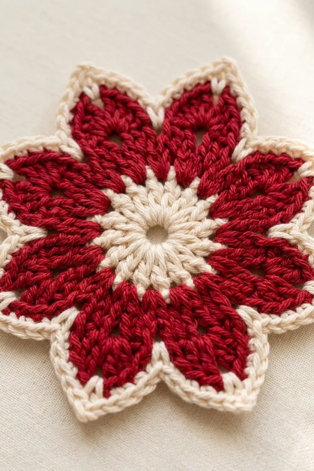 A crocheted flower with deep red petals, cream center, and visible stitch detail on neutral fabric.