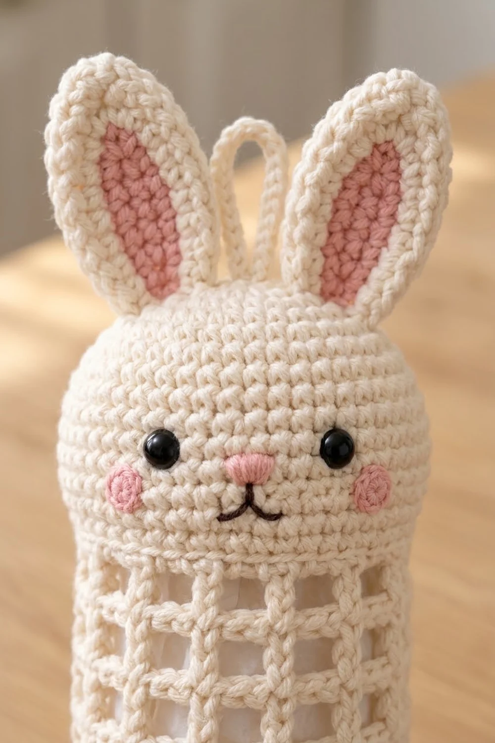 A crocheted cream bunny toy with pink inner ears, black bead eyes, pink cheeks, and delicate embroidered details.