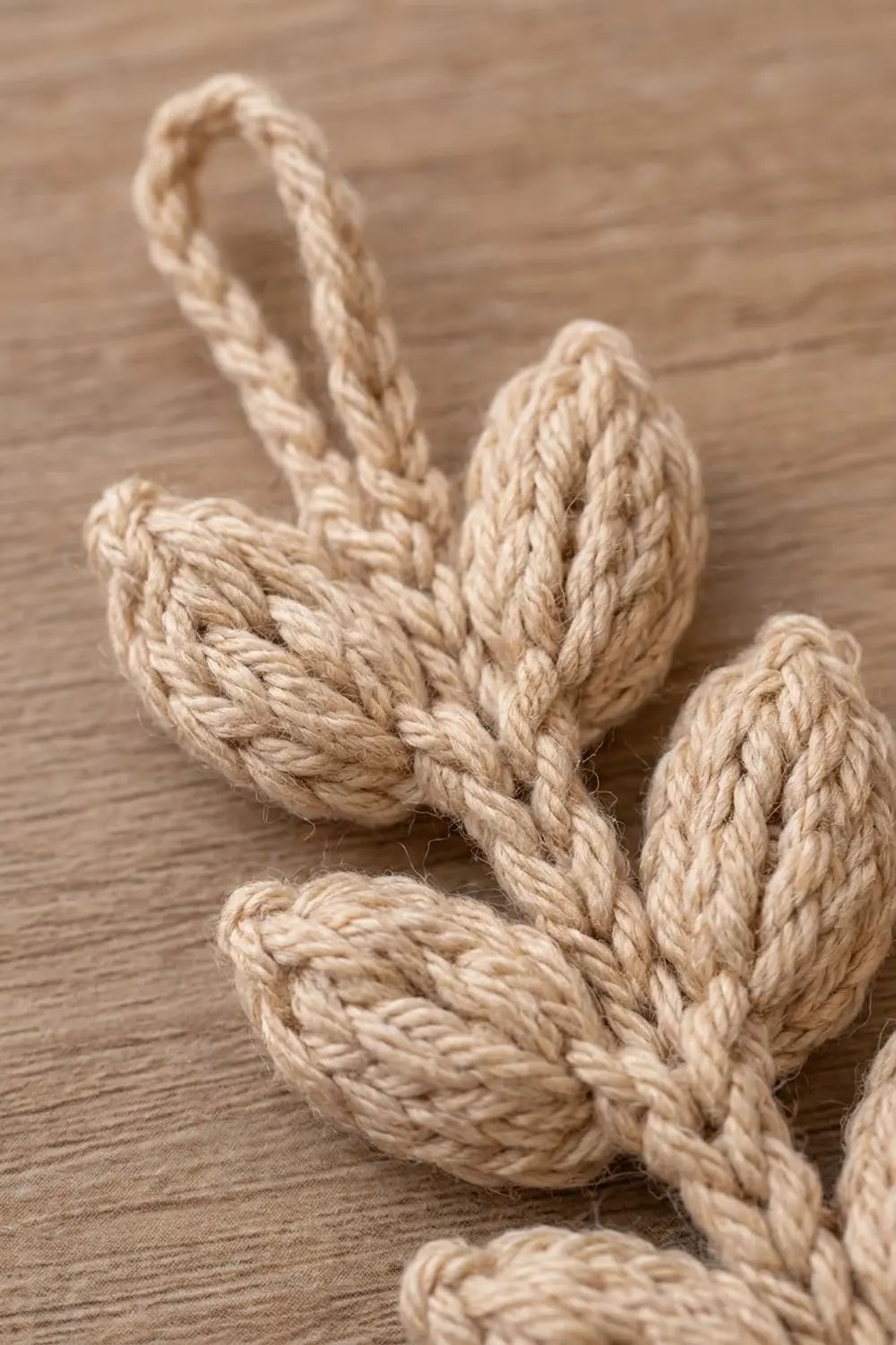 Cream-colored crocheted cactus with braided texture sitting on a warm wooden surface.