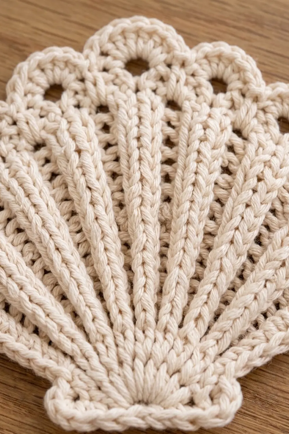 Cream crocheted cactus with detailed open stitches and vertical ridges displayed on a warm wooden surface.