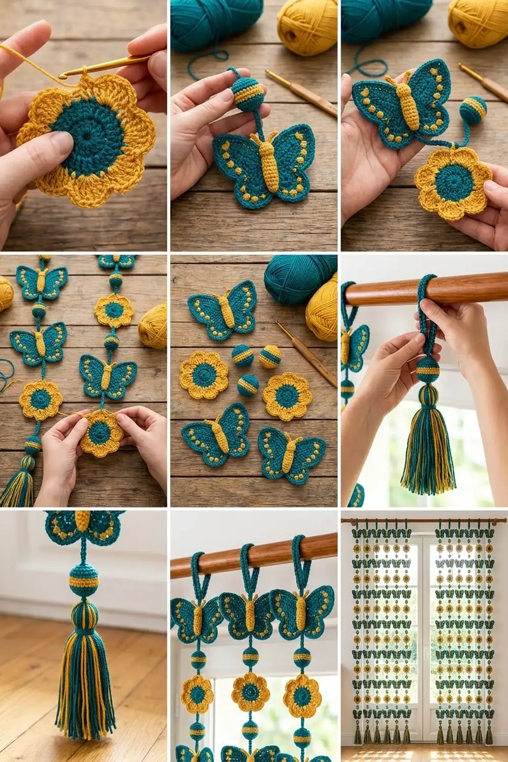 Handmade crochet butterflies and flowers in teal and yellow at various stages of completion on weathered wood.
