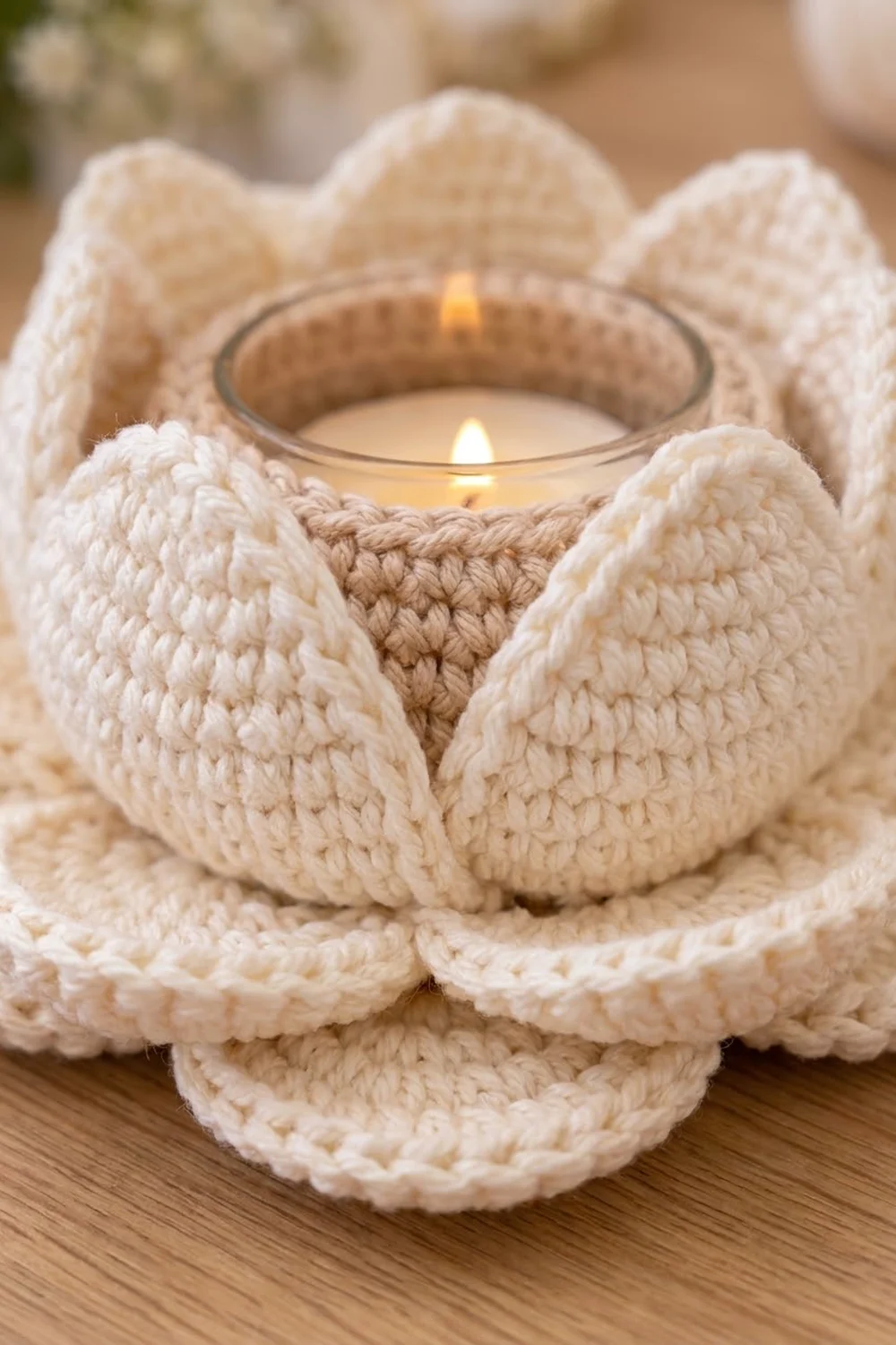 Handmade crochet flower with cream petals surrounding a glowing votive candle on wooden surface.