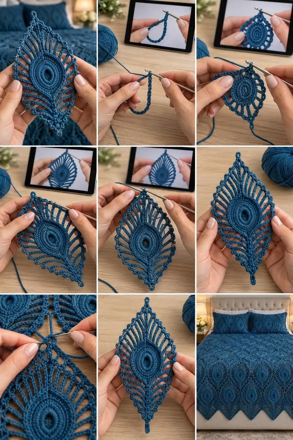 Teal crocheted peacock feather ornament with spiral center and geometric openwork pattern, held in hands.
