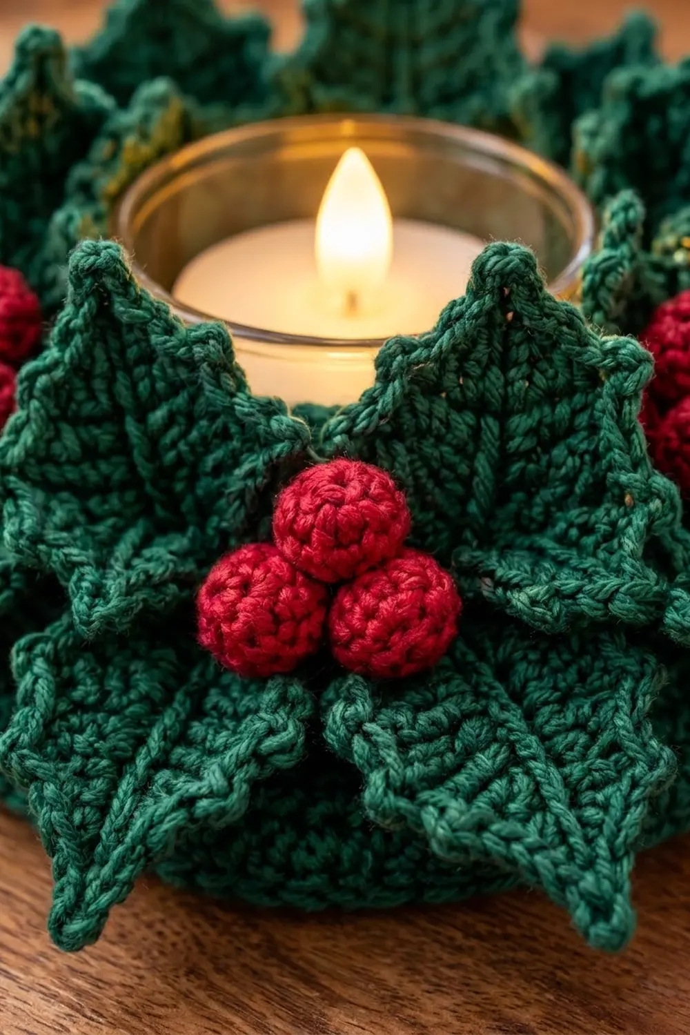 Close-up of crocheted green holly wreath with red berries centered around a lit cream candle.