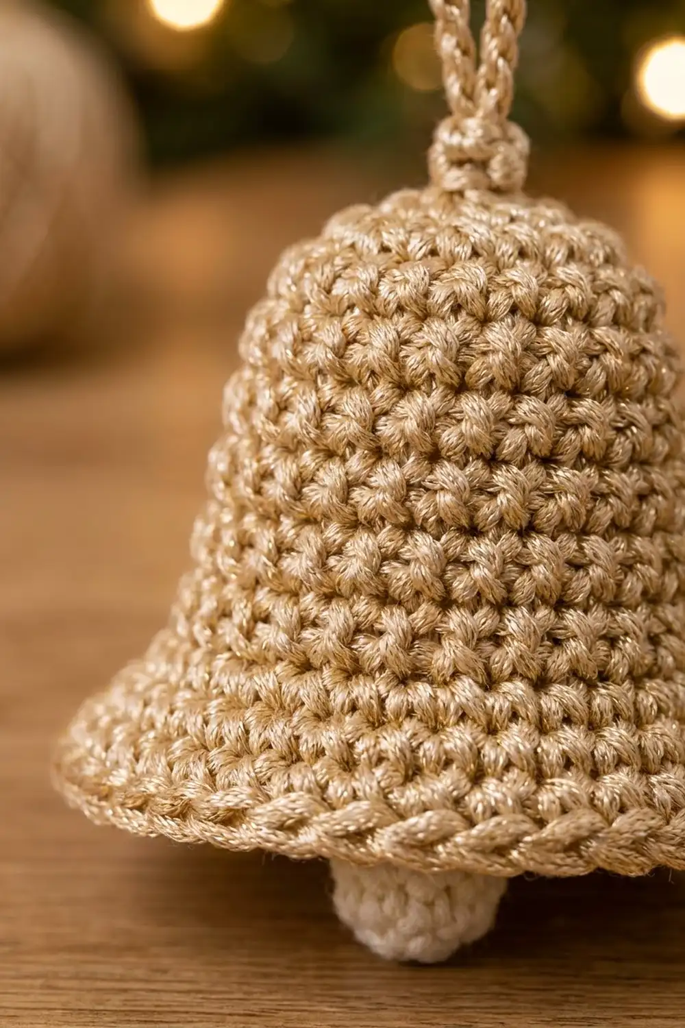 A cream-colored crocheted bell ornament with braided rope handle displayed against a warm bokeh background with soft golden lights.