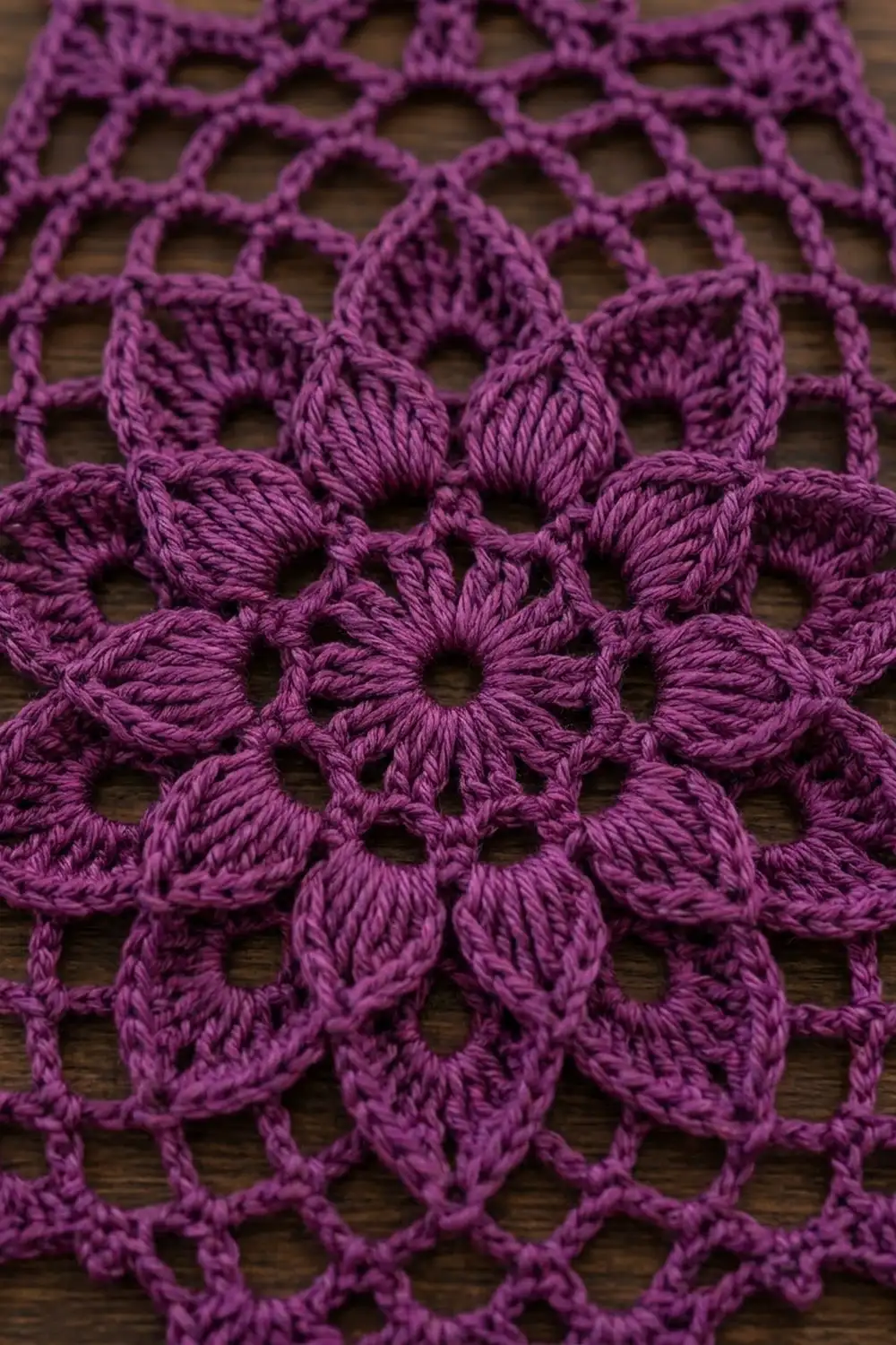 Close-up of intricate magenta crochet lace with delicate flower motifs on wooden surface.