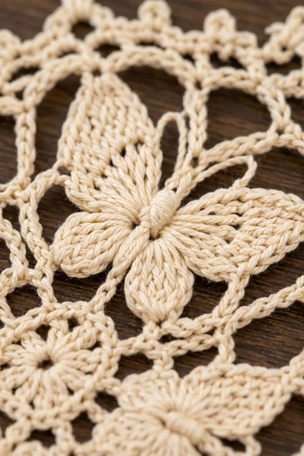 A close-up of cream crocheted lace featuring an ornate flower pattern against a dark wooden background.