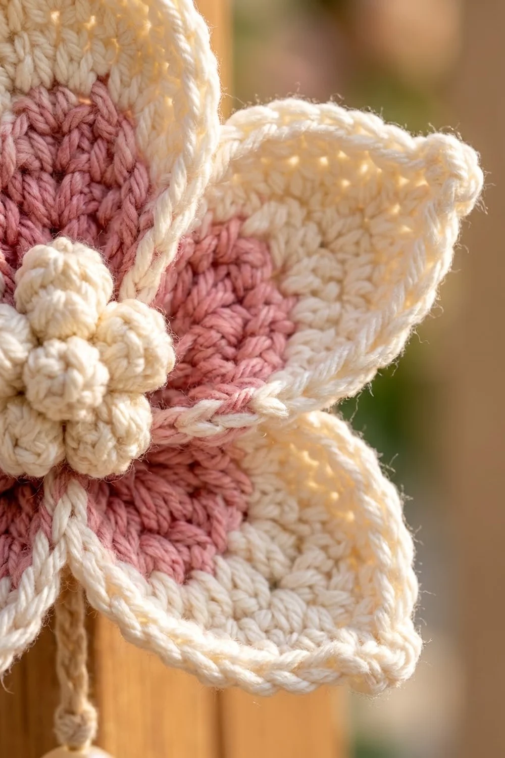 Sunlit close-up of a crocheted flower featuring cream and dusty pink petals with intricate textured stitches against a soft background.