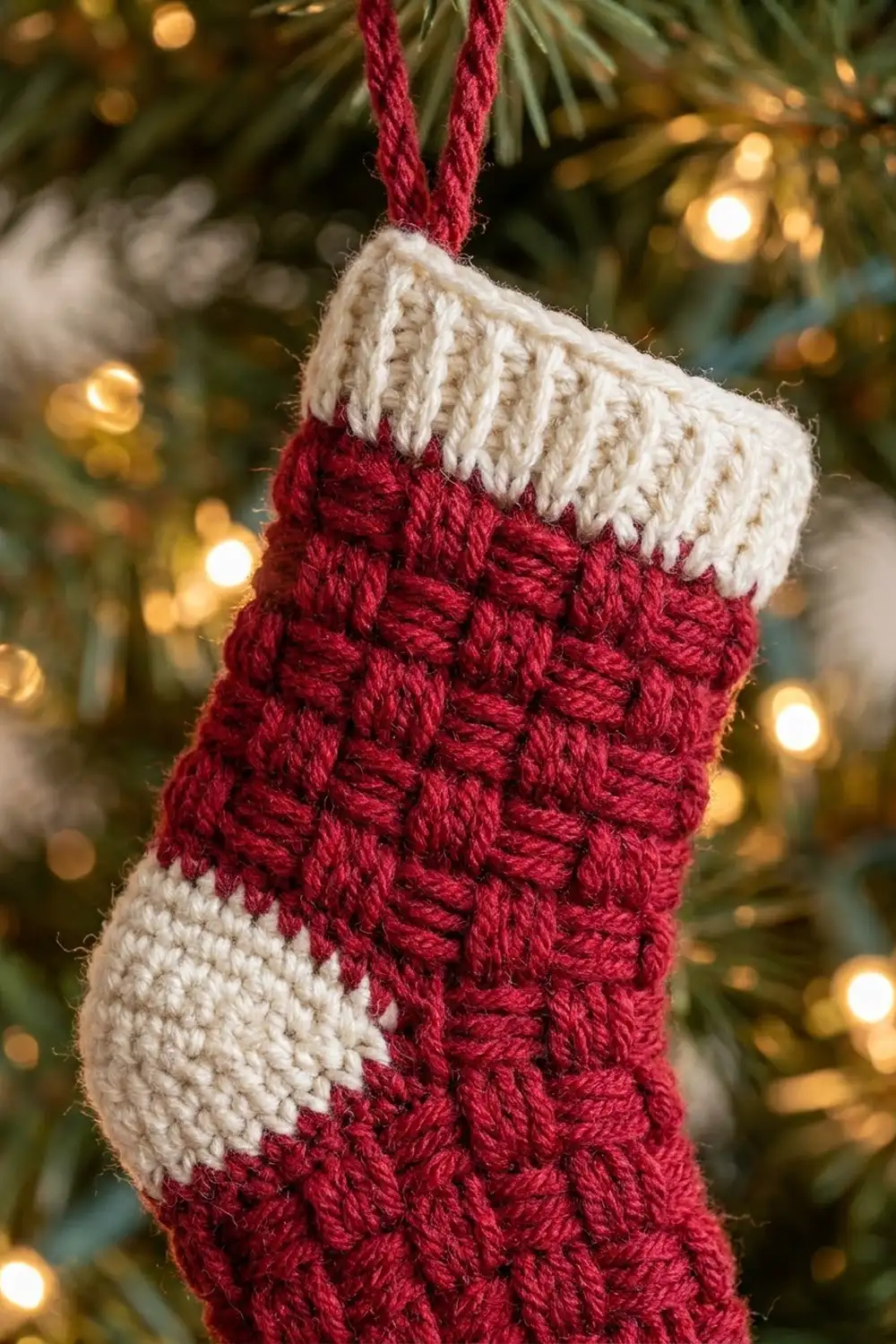 A crocheted red and cream stocking with cable-knit pattern hangs on an evergreen branch amid warm Christmas lights.
