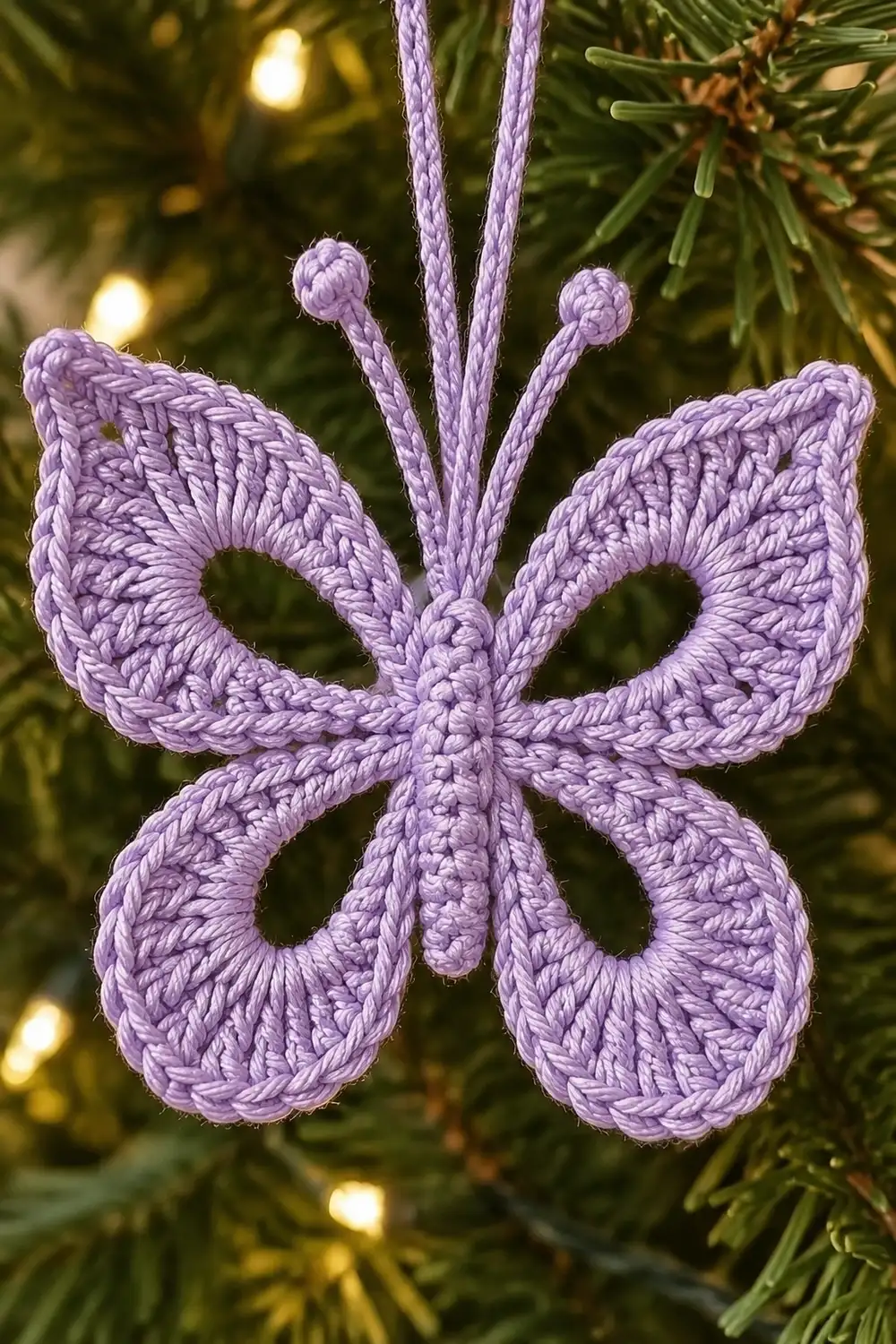 A lavender crocheted butterfly ornament hangs from purple strings among evergreen branches and warm lights.