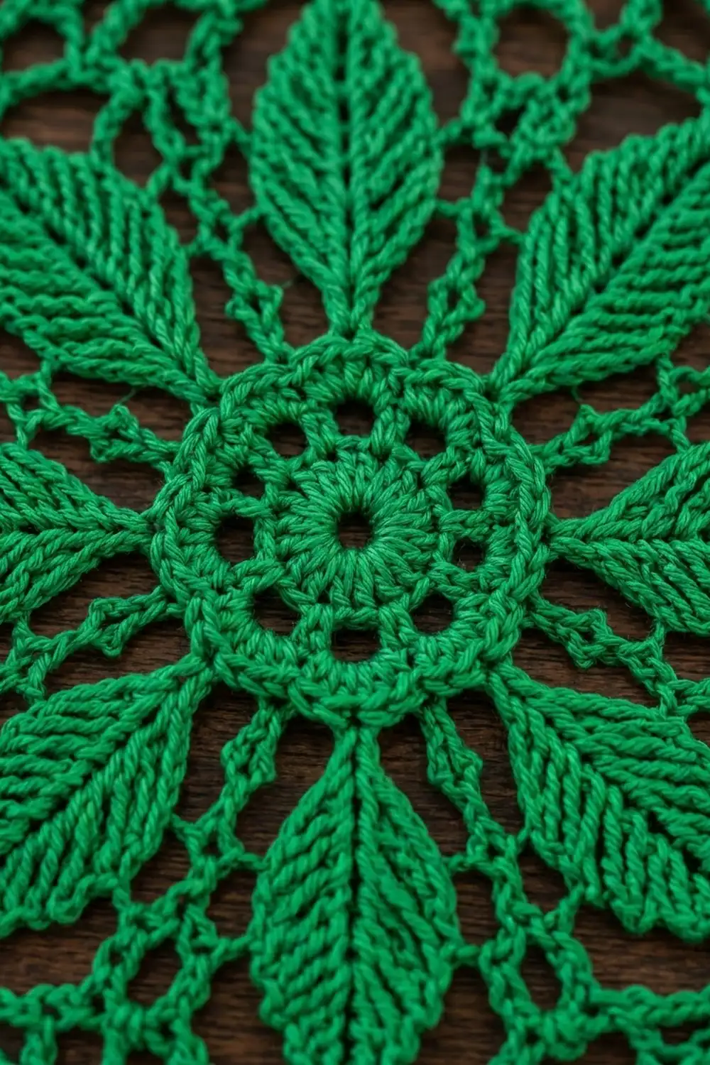 Bright neon-green crocheted snowflake with intricate openwork leaf motifs displayed on a dark wooden surface.