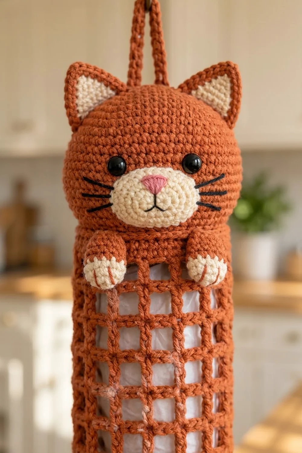 Crocheted cat with orange head, cream-white face, black eyes, pink nose, and openwork mesh body sits in a bright kitchen.