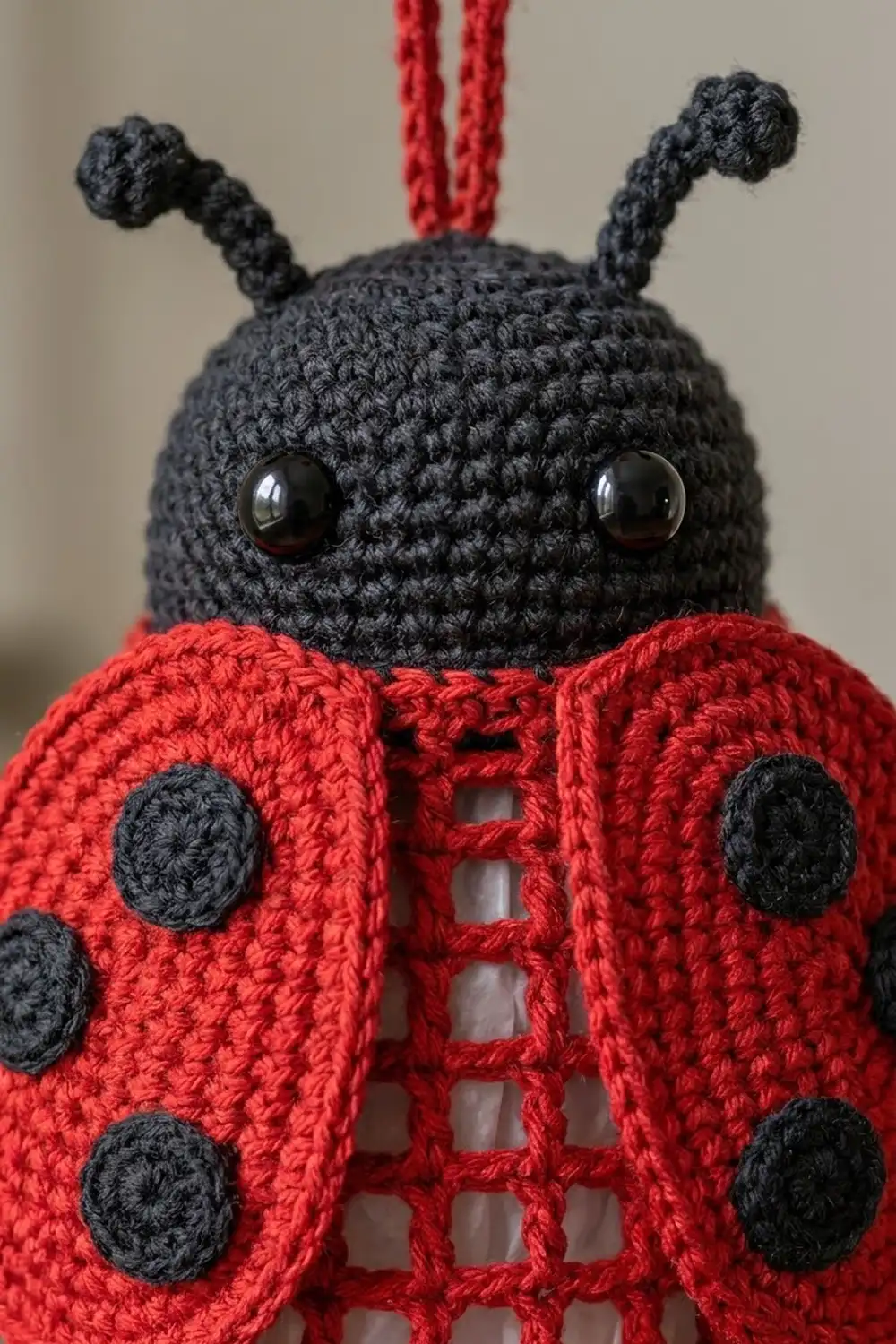 A handmade crocheted ladybug with a black head and shiny button eyes, featuring a bright red body with black spots.