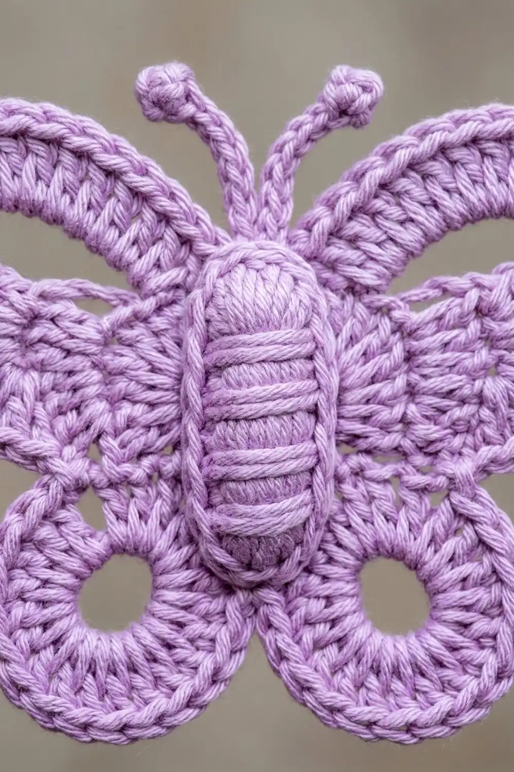 A lavender crocheted butterfly with textured wings, segmented body with ribbed stitching, and knotted antennae against a neutral gray background.