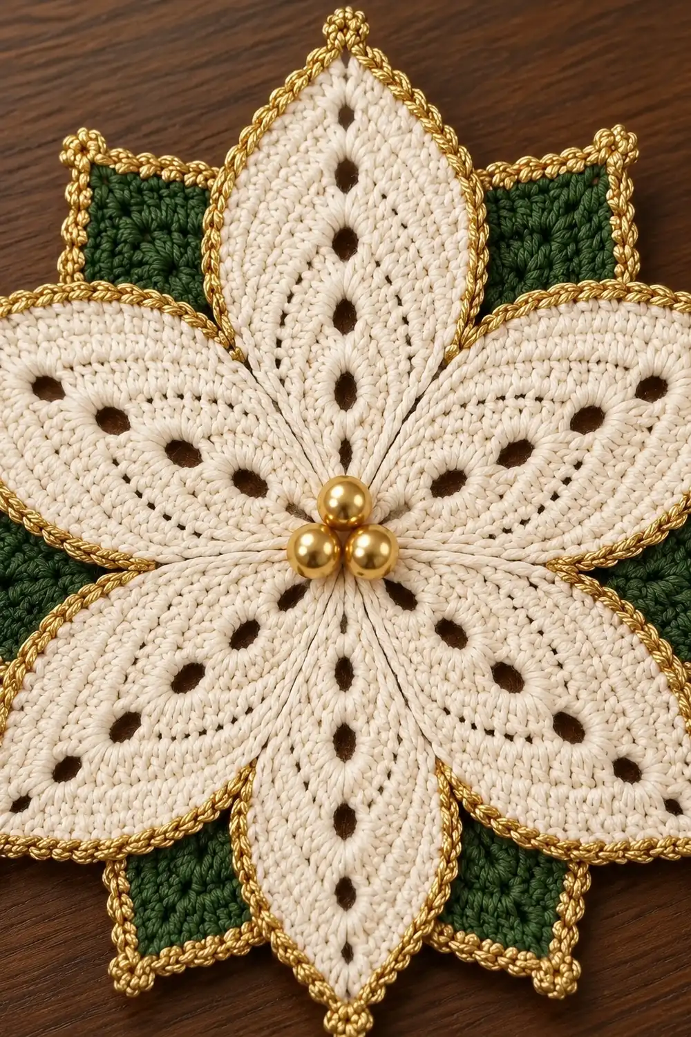 Crocheted flower ornament with cream petals, dark green leaves, gold trim, and golden beads at center on wood.