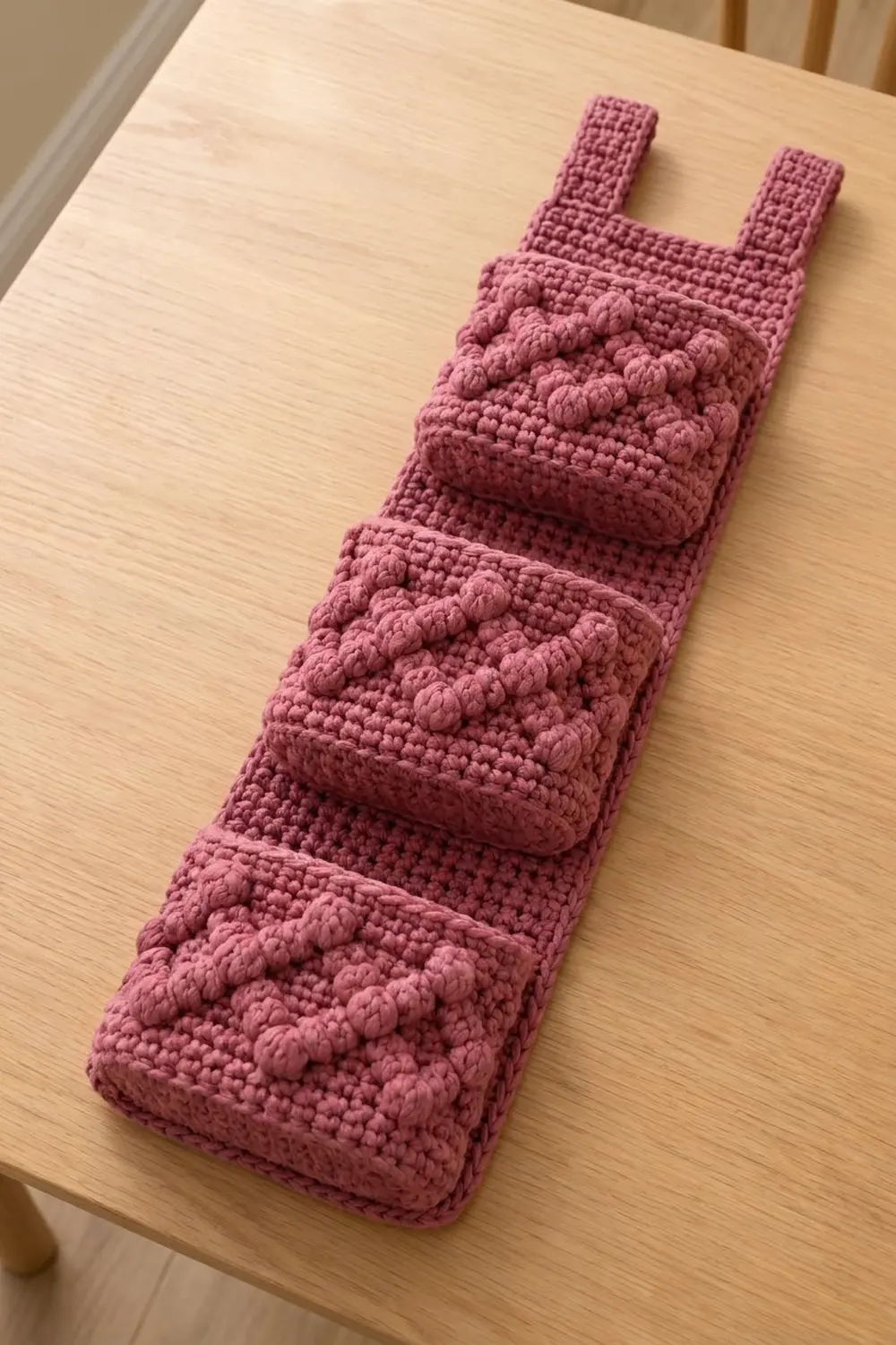 Mauve crocheted tote bag with textured bubble stitch pattern resting on light wooden surface.