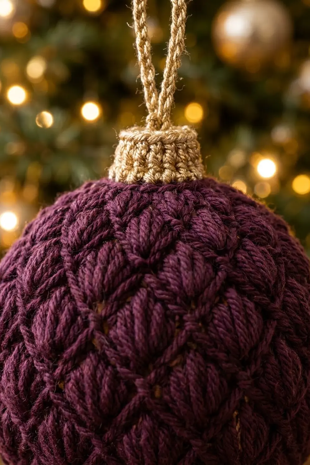 Deep purple crocheted ornament with textured cable stitch hangs from natural jute twine against bokeh holiday lights.