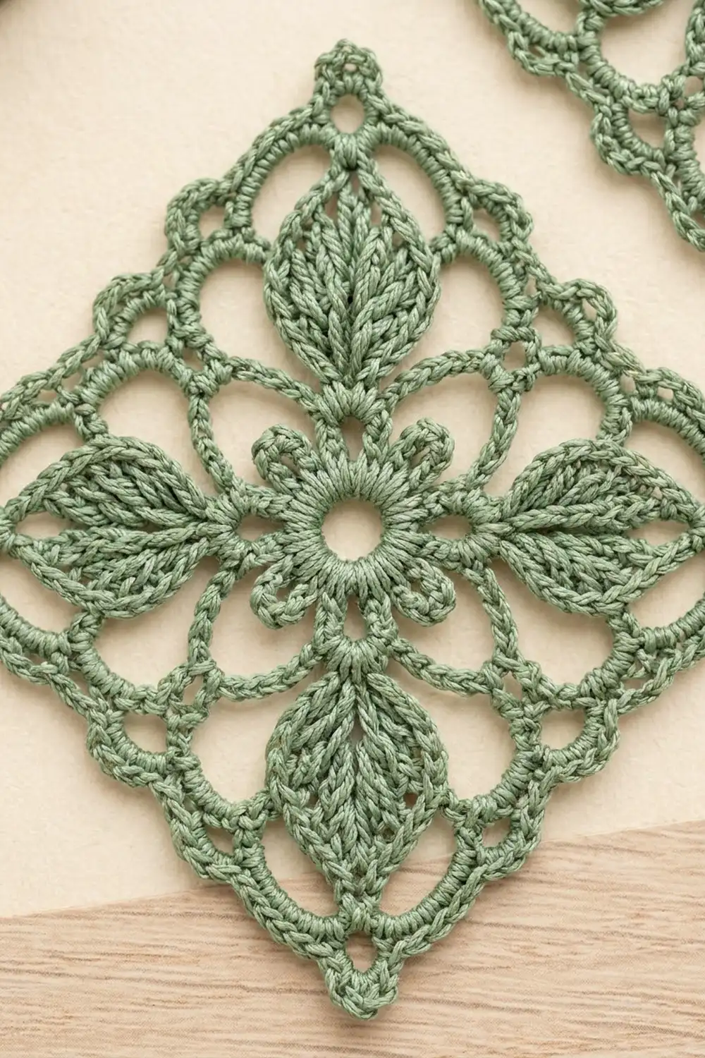 Delicate sage green crocheted lace with symmetrical leaf-shaped motifs arranged in a diamond pattern on cream and wood background.
