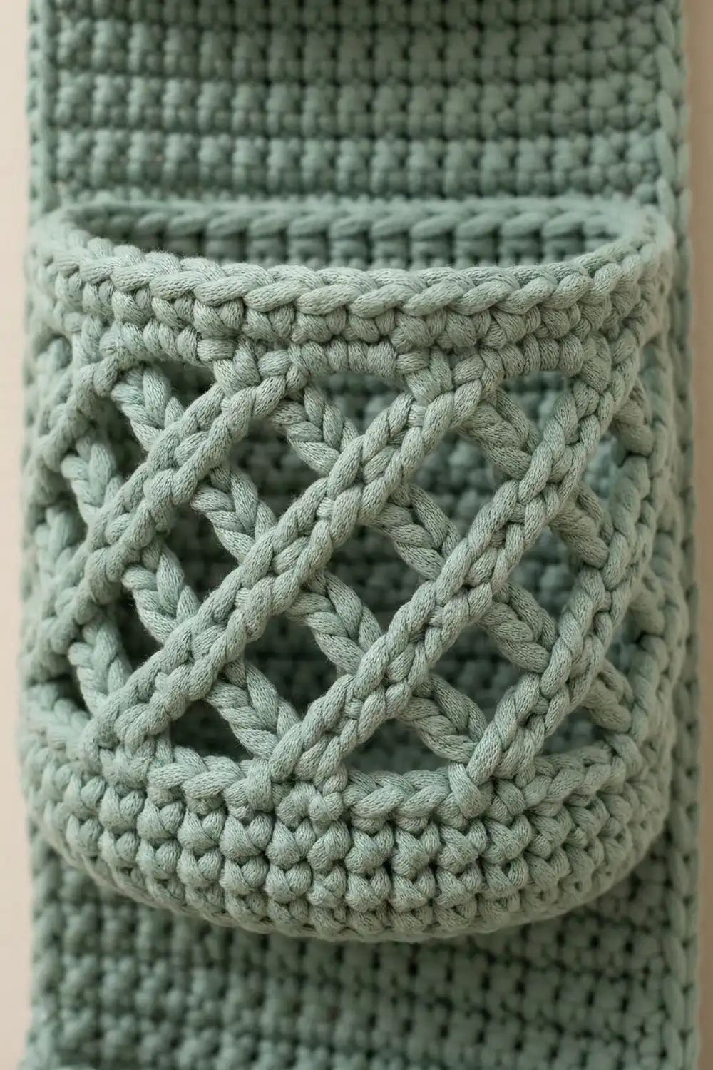 Pale sage green crocheted fabric featuring a diamond lattice pattern surrounded by dense textured stitching in extreme close-up.