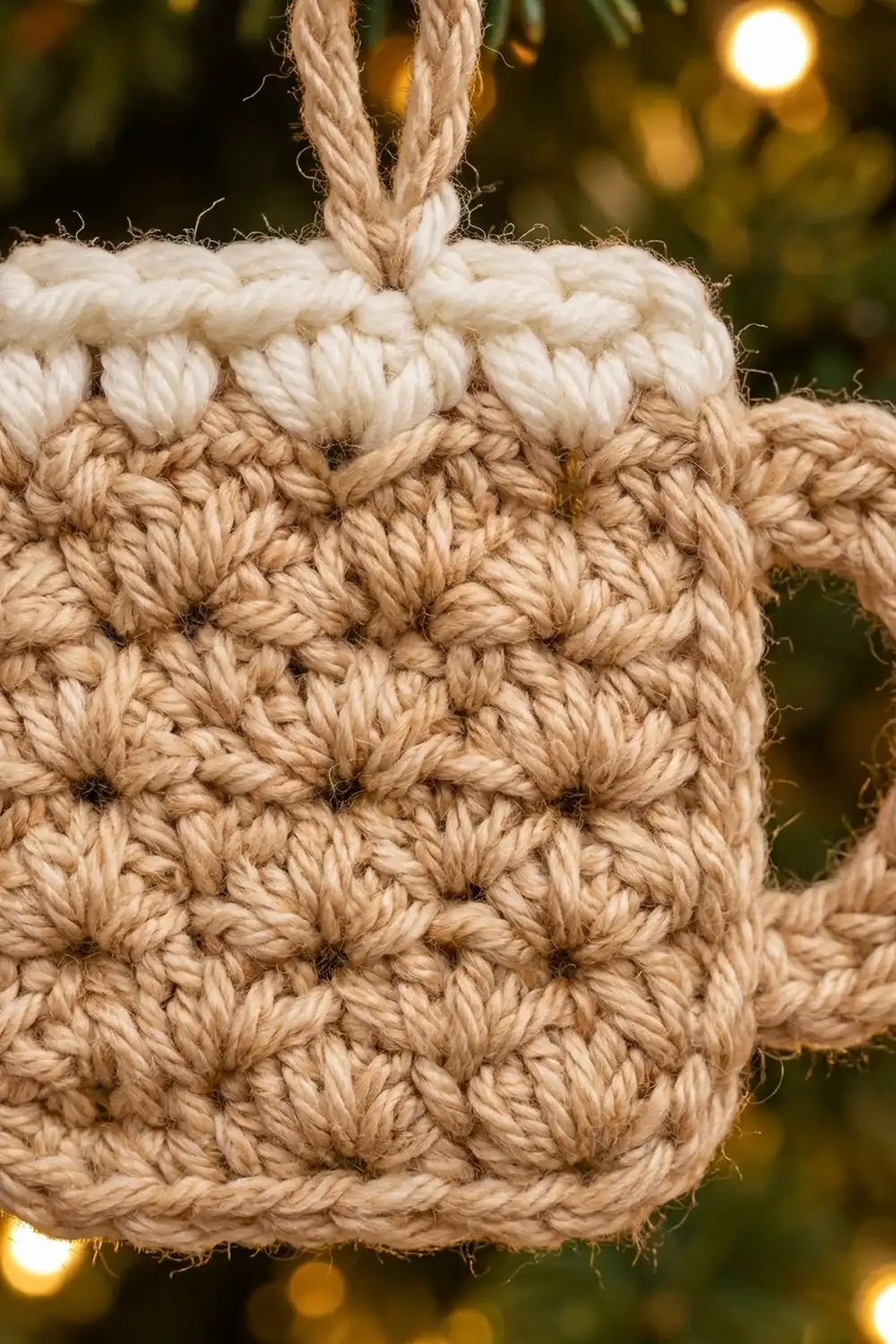 Handmade crocheted ornament in cream and tan with textured stitches hanging against warm bokeh lights.