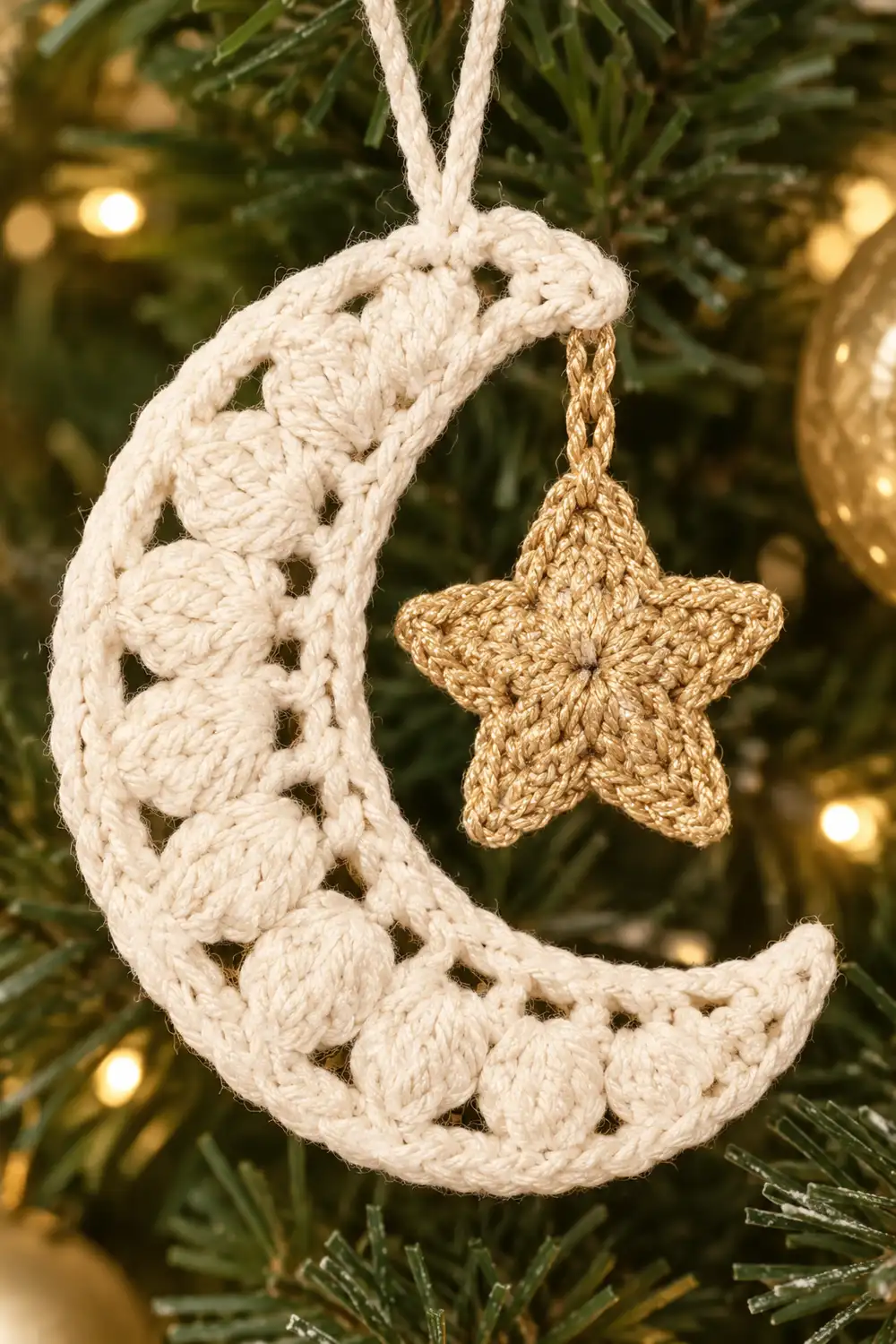 Crocheted cream moon and gold star ornament hanging on evergreen branch with warm lights.