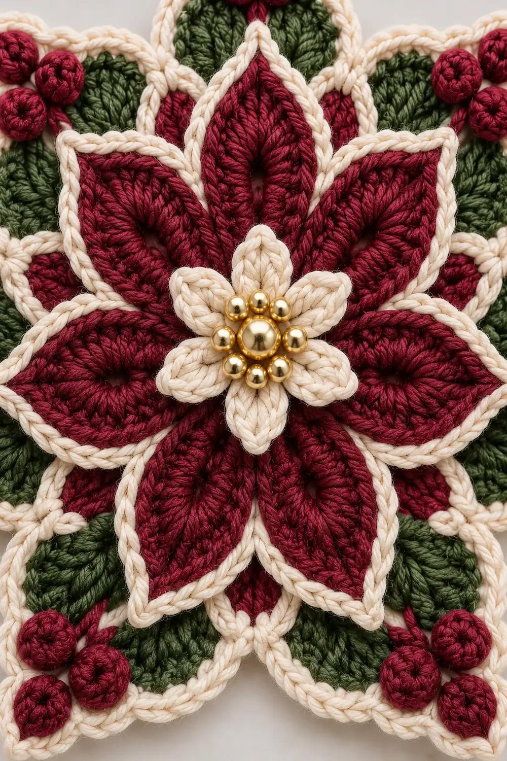 Crocheted poinsettia flower ornament with burgundy petals, cream edging, golden beads, and green leaves.