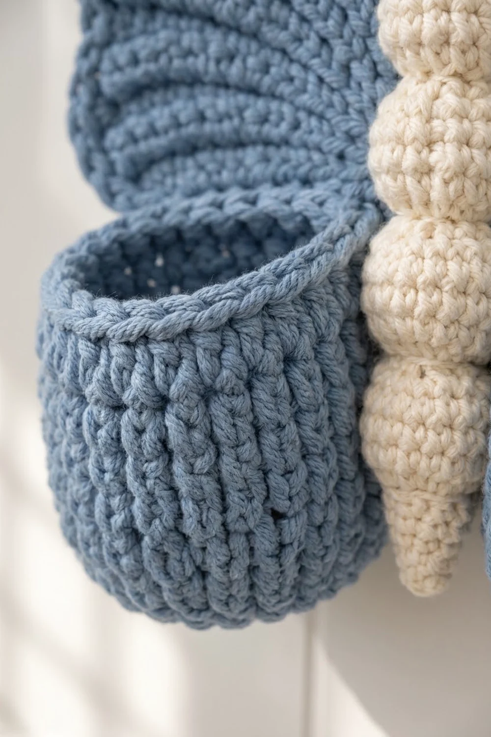Close-up of slate blue and cream crochet pieces with detailed stitch texture against a soft, neutral background.