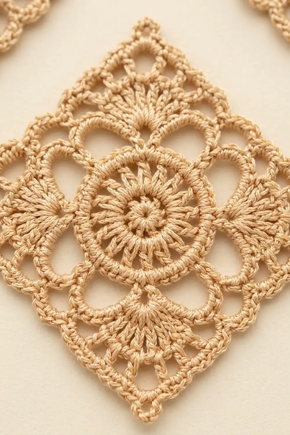 Tan handmade crochet doily with geometric diamond shape and delicate circular lace motifs on beige.