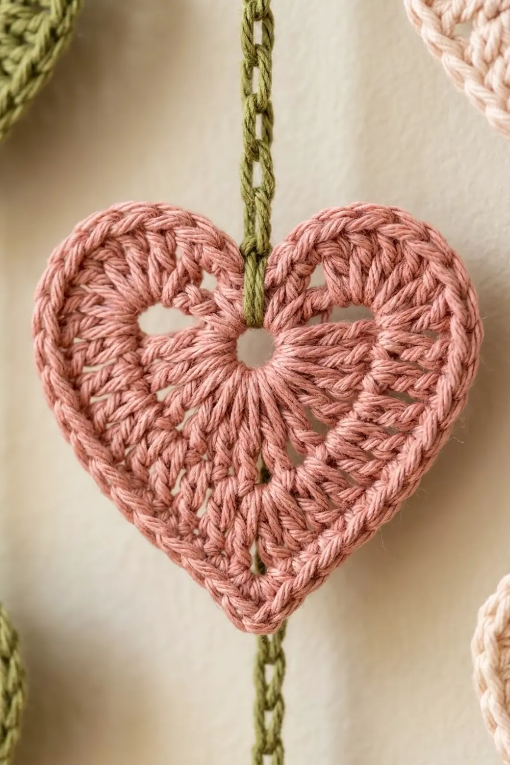 Dusty rose crocheted heart with open lacework pattern hanging from a braided olive-green cord against a neutral beige background.