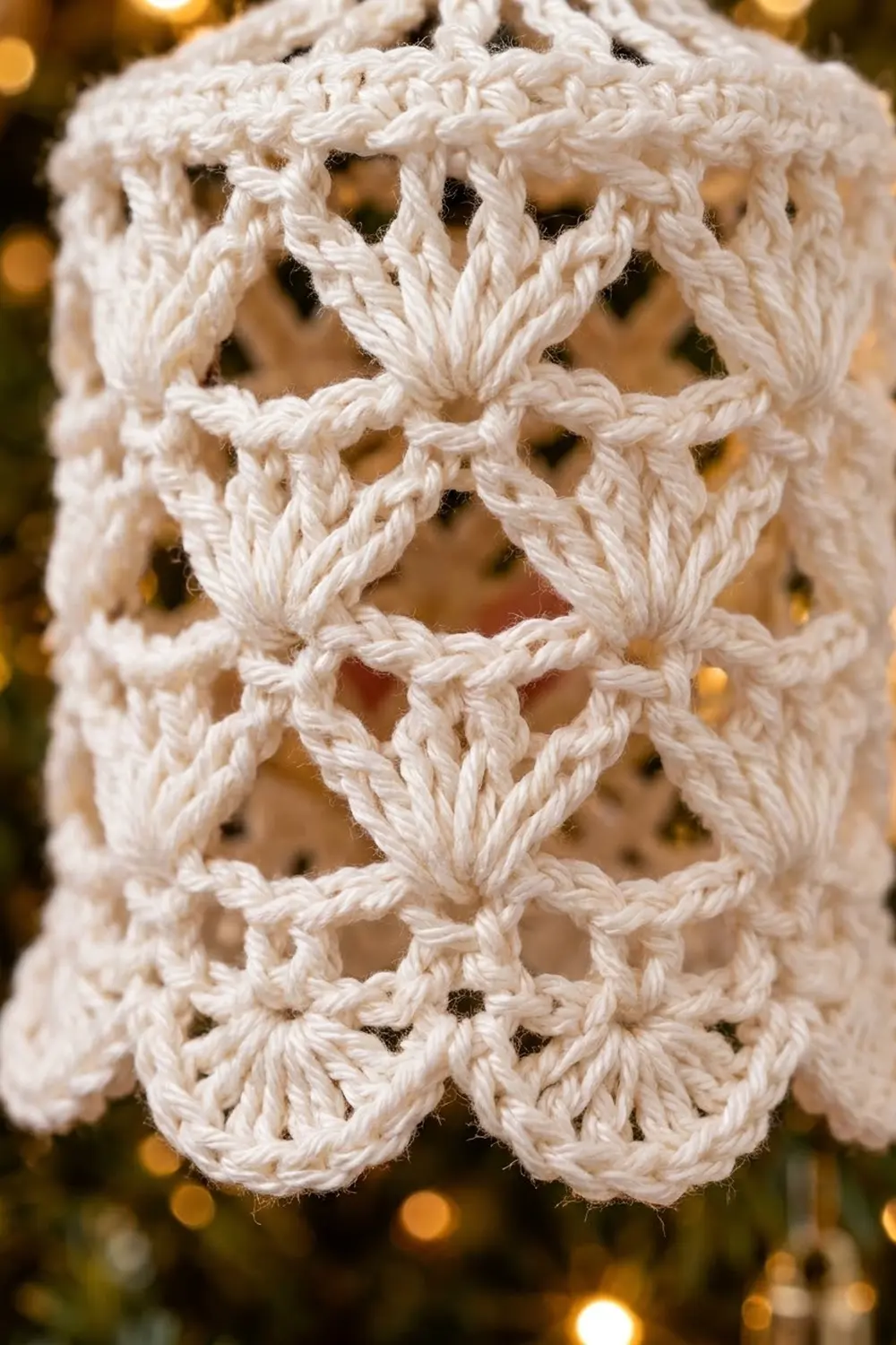 Cream-colored crocheted lattice with diamond-shaped openings and twisted yarn texture, photographed against warm golden bokeh background.