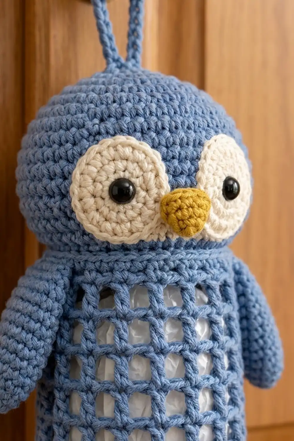 Blue crocheted owl with cream eyes, yellow beak, and open lattice belly against a warm wooden background.